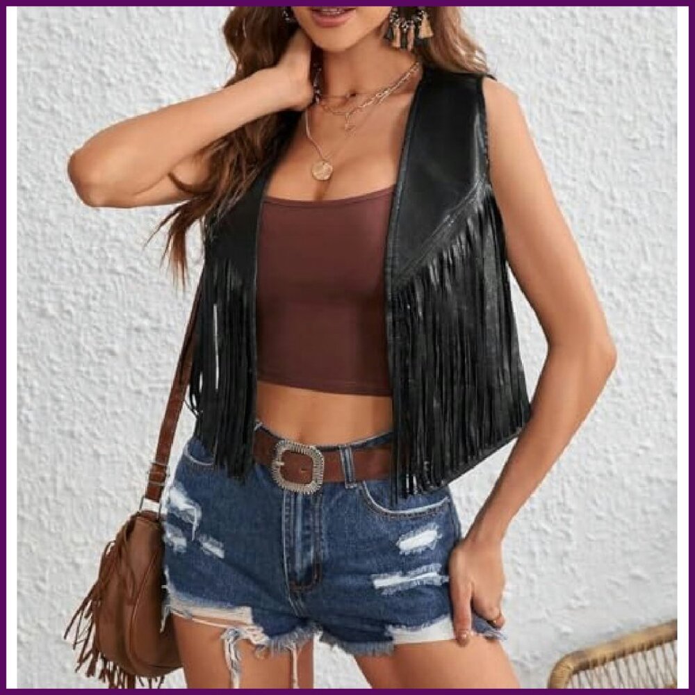 Western Fringe PU Leather Vest Sleeveless Cropped Boho Hippie Style - Picture 3 of 6